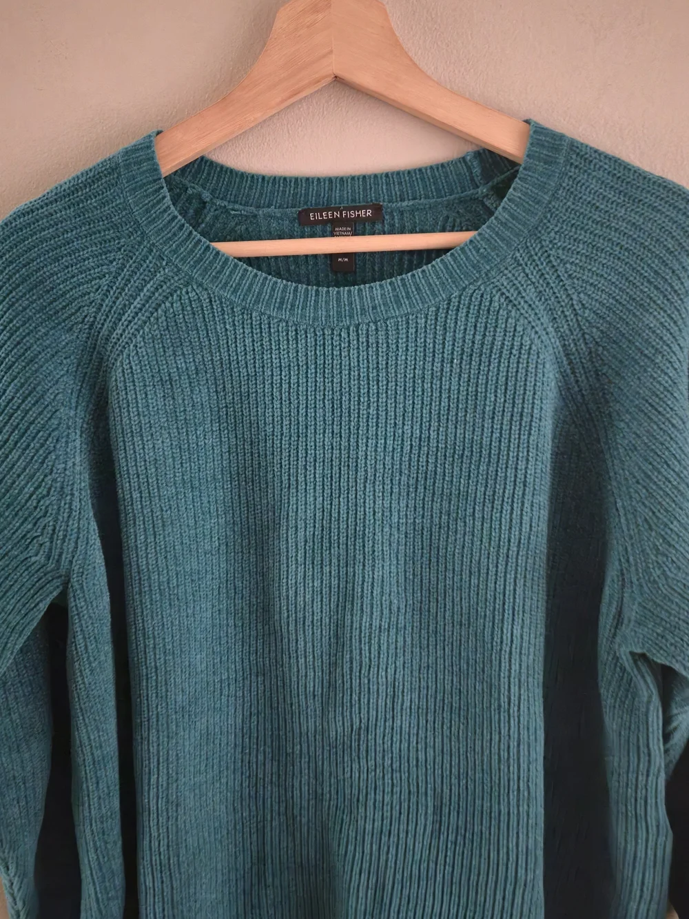 Eileen Fisher 100% Organic Cotton Sweater Green Teal Knit Crew Neck